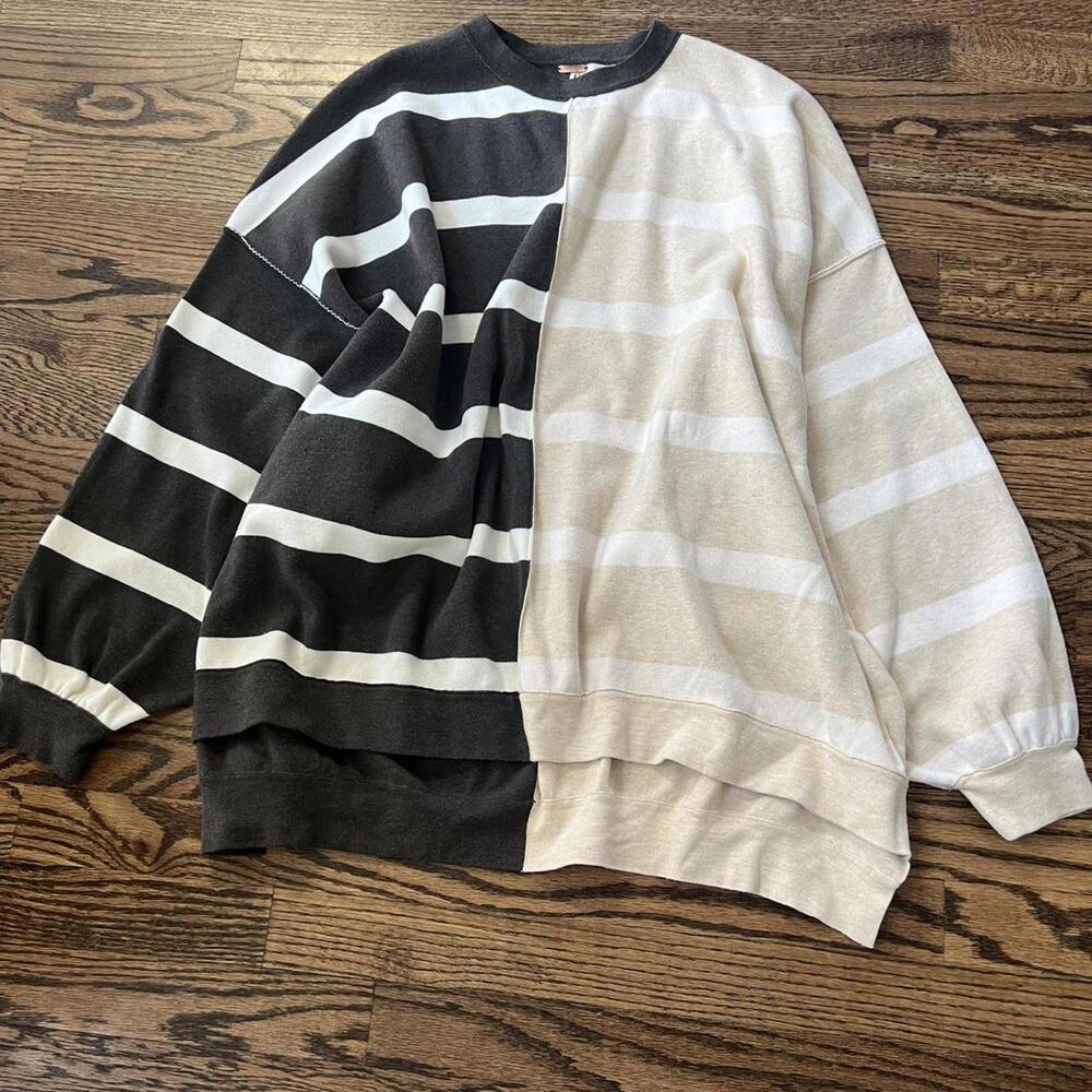Brown beige white striped oversized long Free People sweater